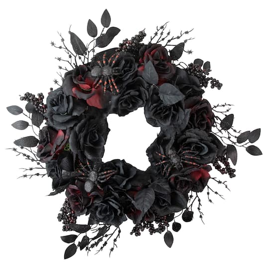 24&#x22; Burgundy &#x26; Black Roses with Spiders Halloween Wreath